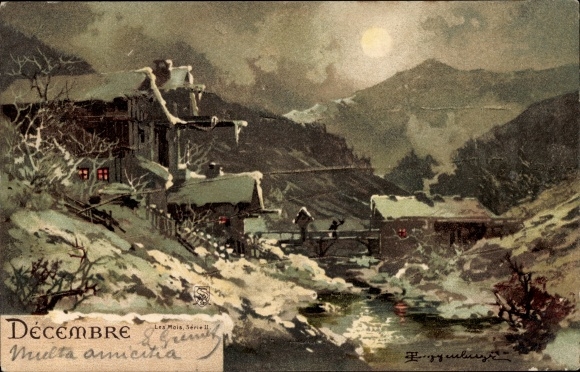 Artist Chromo-Litho Guggenberger, December, Winter Landscape, House by a River, Moonlight