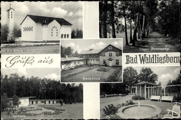 Postcard Bad Waldliesborn Lippstadt in Westphalia, Protestant church, bathhouse, Birkenweg, lounge hall, spa gardens