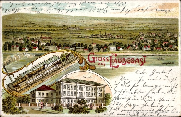 litho Dresden Ost Laubegast, school, scheepswerf, totaalaanzicht van het dorp