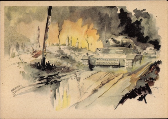 Artist Postcard Schneider, H., The attack continues, Wehrmacht, Panzer IV, Russian campaign, WWII