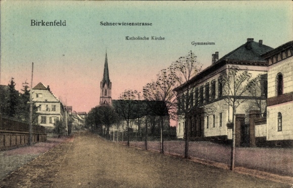 Postcard Birkenfeld an der Nahe, Schneewiesenstraße, Catholic Church, Gymnasium