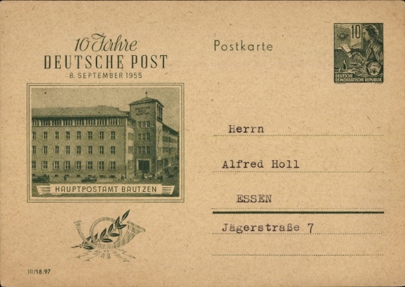 Postwaardekaart Bautzen in Oberlausitz, 10 jaar Deutsche Post 1955, hoofdpostkantoor