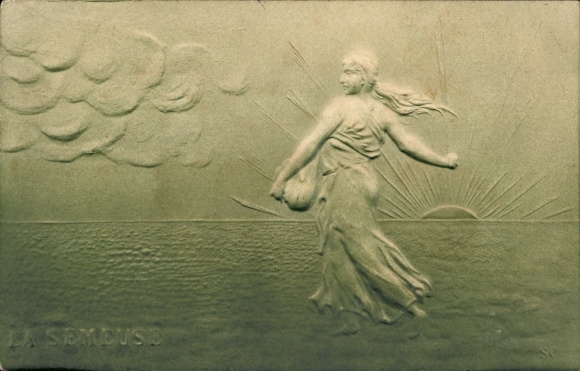 Embossed Postcard Woman sowing, field, sunrise, agriculture