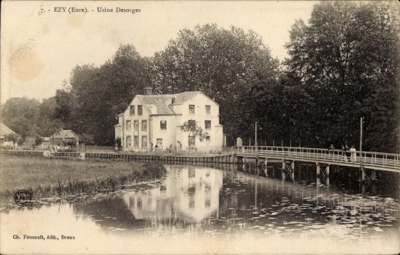 Postcard Ézy Eure, Usine Desorges, liquid, bridge, building
