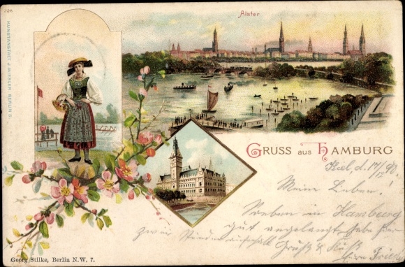 Chromo-Litho Hamburg Mitte old town, woman in costume, town hall, Alster section