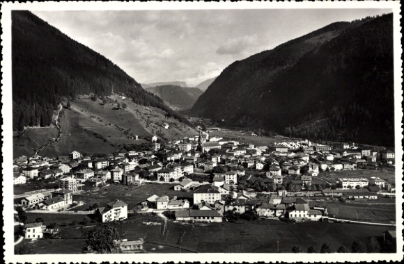Postcard Predazzo Trentino, Passo di Rolle, Cimon della Pala, Dolomites, mountain landscape, city view, D