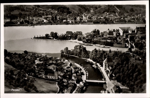 Postcard Passau in Lower Bavaria, aerial photograph