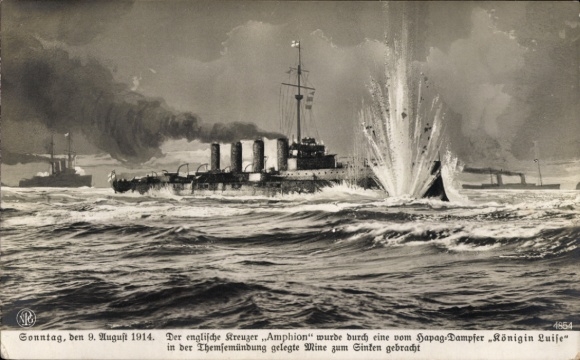 Picture English cruiser Amphion sunk by sea mine, steamer queen Luise, HAPAG