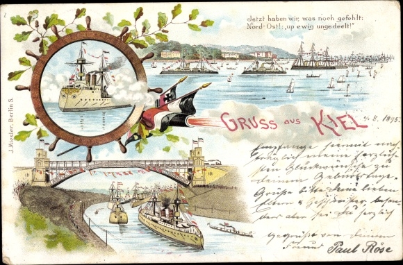 Forerunner litho PC Hanseatic city of Kiel, greetings from the Kaiser Wilhelm Canal, flags, gun salute