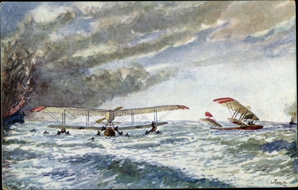 Artist Postcard Jaritz, P., Kuk Kriegsmarine, aircraft, rescue of the crew of the submarine Foucault