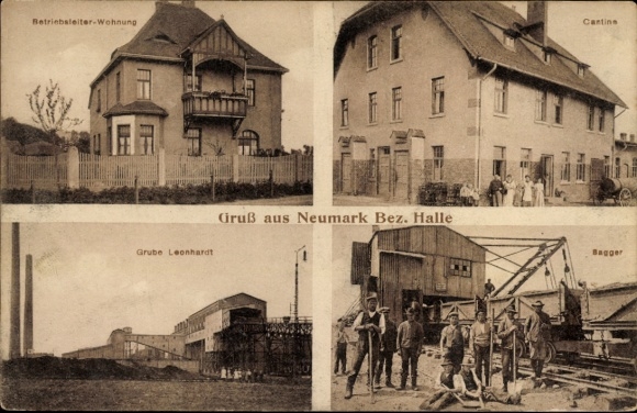 Postcard Neumark in Saxony, manager's apartment, Leonhardt mine, canteen, excavator