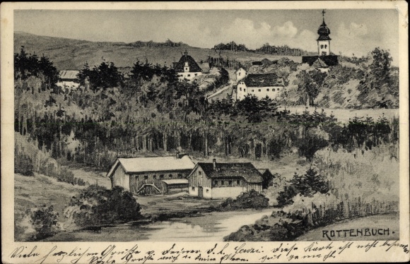 Postcard Rottenbuch in Upper Bavaria, total view, residential building, church tower