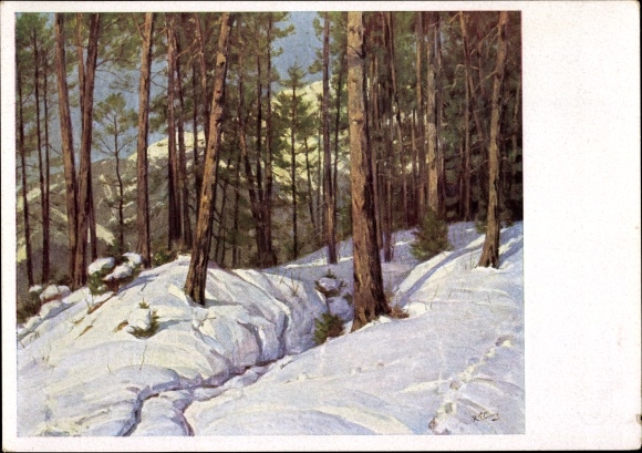 Artist Postcard Curry, Robert, German mountain forest, winter, art exhibition at the HDK 1942