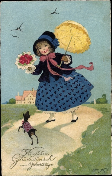 Artist PC Baumgarten, Fritz, congratulations birthday, girl with bouquet, dog