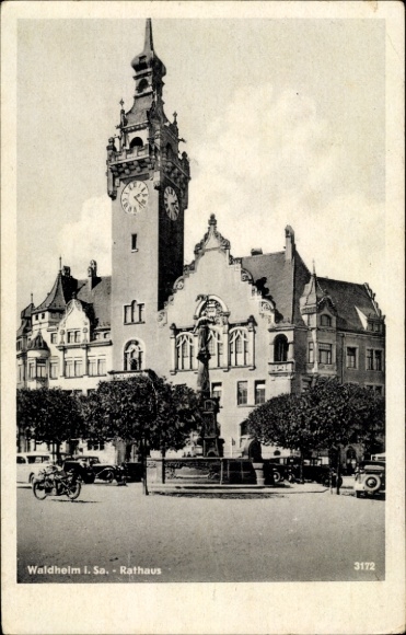 Postcard Waldheim in Saxony, town hall with clock tower, fountain and trees