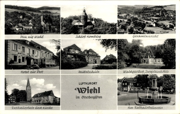 Postcard Wiehl in the Oberbergischer Kreis, general view, town hall fountain, forest inn, middle school, castle
