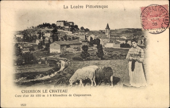 KP Chambon Le Chateau Lozere, widok ogólny, kobieta z owcami