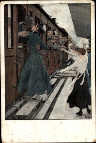 Artist PC Wennerberg, Bruno, the kiss, farewell at the station, soldiers, war march, I. WW