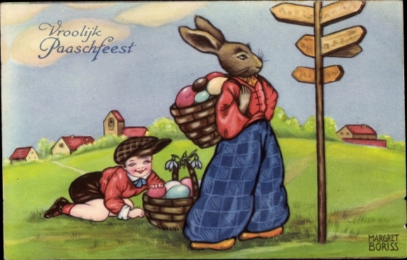 Kunstenaarskaart Boriss, M., Pasen gefeliciteerd, Paashaas, Paaseieren, dief, wegwijzer