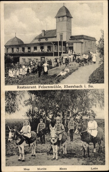 Postcard Ebersbach Neugersdorf, Restaurant Felsenmühle, children on donkeys