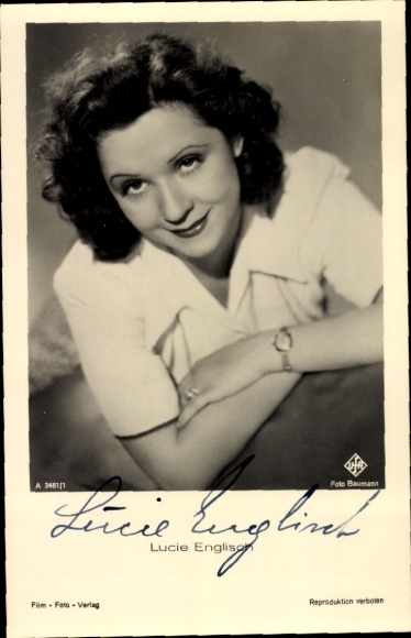 Postcard actress Lucie English, portrait, Ufa film, autograph