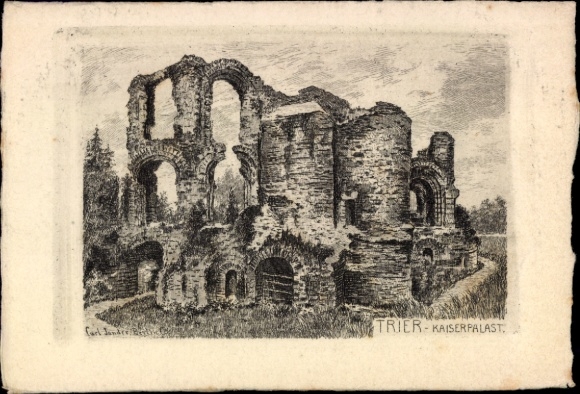 KP z Trewiru nad Mozelą, ruiny Pałacu Cesarskiego, rysunek, TRIER-KAISERPALAST
