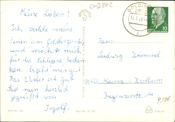 Postcard Goldberg in Mecklenburg, street section, mill, monument, blocks of flats