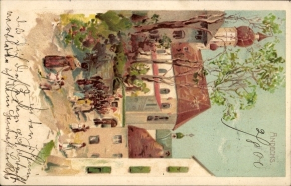 Postcard Andechs am Ammersee, Andechs Monastery, colorful landscape with buildings, crowd, trees, r S