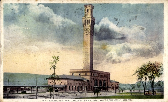 Ansichtkaart Waterbury Connecticut USA, treinstation