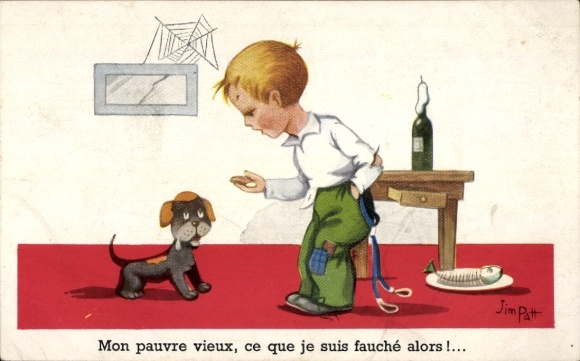 Artist Postcard Patt, Jim, Mon pauvre vieux, child, dog, spider web
