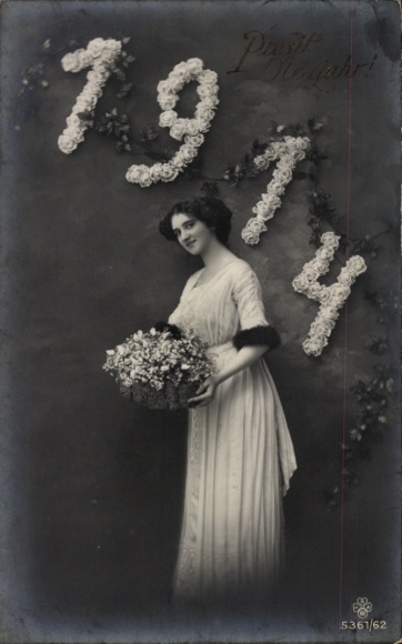PC New Year 1914, Young Woman, Flower Basket