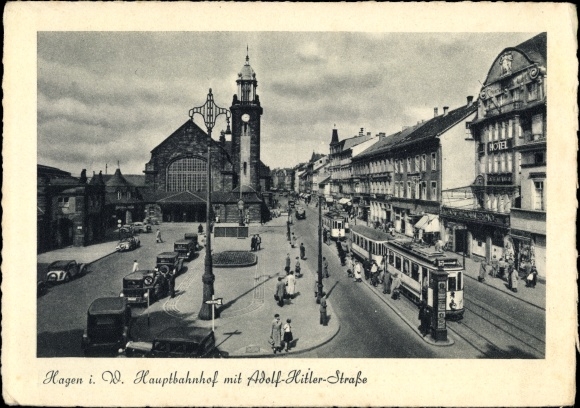 Ak Hagen in Westfalen, Hauptbahnhof mit Adolf-Hitler-Straße, Straßenbahn