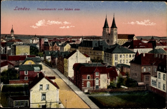 Postcard Landau in der Pfalz, panorama from the south, dusk