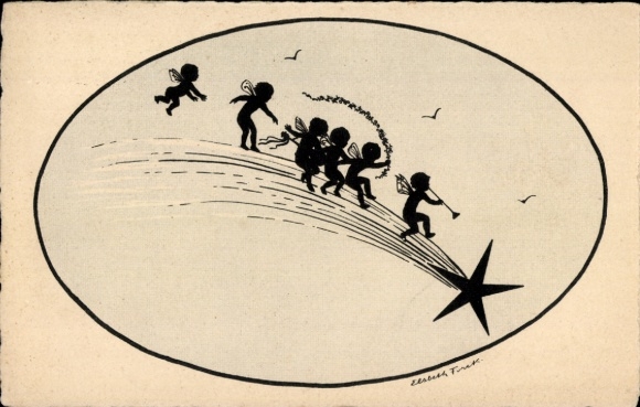 Paper cutting Postcard Forck, Elsbeth, elves, shooting star