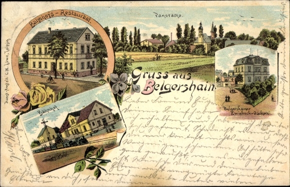 litho Belgershain in Saksen, bakkerij Belgershainer Zwieback, treinstation, treinstationrestaurant