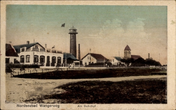 Postcard North Sea resort Wangerooge in East Frisia, train station, lighthouse