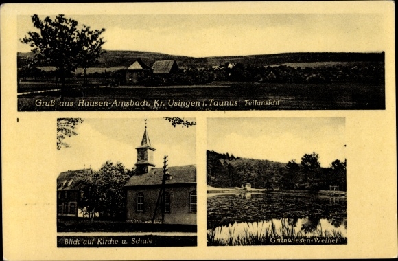 PC Hausen Arnsbach Neu Anspach im Taunus, partial view, church, school, green meadow pond