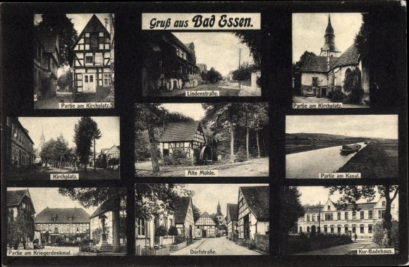 Ak Bad Essen in Nedersaksen, kerkplein, Lindenstraße, oude molen, badhuis, dorpsstraat, monument