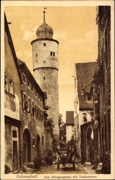 Briefkaart Ochsenfurt am Main Lager Frankenland, Unt. Klingengasse met Taubenturm