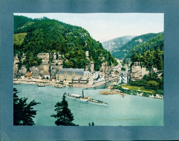Photo Hřensko Herrskretschen Elbe reg. Ústí, city view, saloon steamer