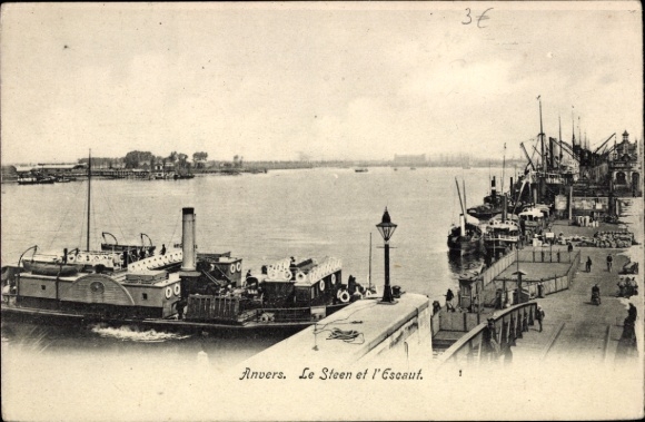 KP Anvers Antwerpia Flandria, widok na port, statki, woda, Le Steen et l'Escaut