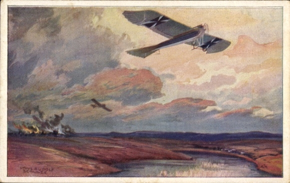 Artist Postcard Schulze, Hans Rudolf, Military pigeon on reconnaissance flight near the Masurian Lakes, I. WK