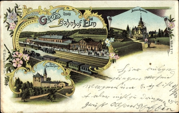 Chromo-Litho Elm Schluechtern in Hesse, train station, track side, Brandenstein Castle, castle