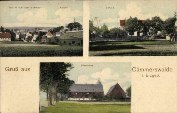 Ak Kämmerswalde Cämmerswalde Neuhausen in het Erzgebirge, middendorp, kerk, school, pastorie