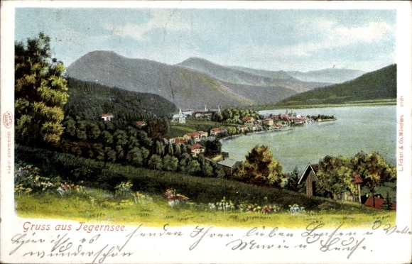 Postcard Tegernsee, view of the lake, houses on the shore, mountains