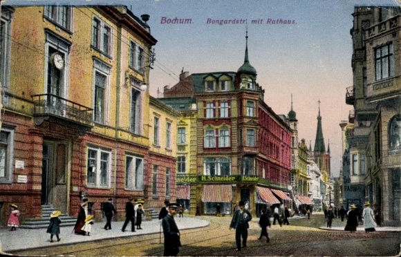 Postcard Bochum in the Ruhr area, Bongardstraße with town hall, H. Schneider store