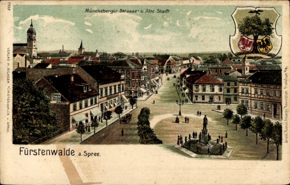 Chromo-Litho Fürstenwalde an der Spree, city view, Müncheberger Straße, Old Town, monument, coat of arms