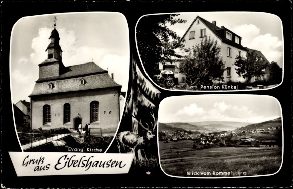 Postcard Eibelshausen Eschenburg in Hesse, Pension Künkel, Evang. Church, view from Rommelsberg
