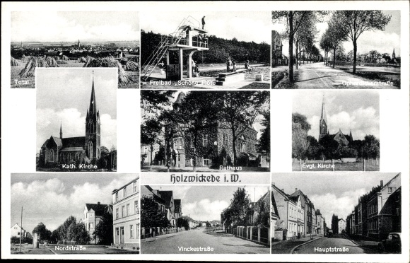 Postcard Holzwickede, church, main street, town hall, outdoor pool