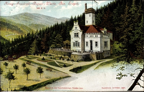 Postcard Aue in the Erzgebirge of Saxony, view of king Friedrich August Warte